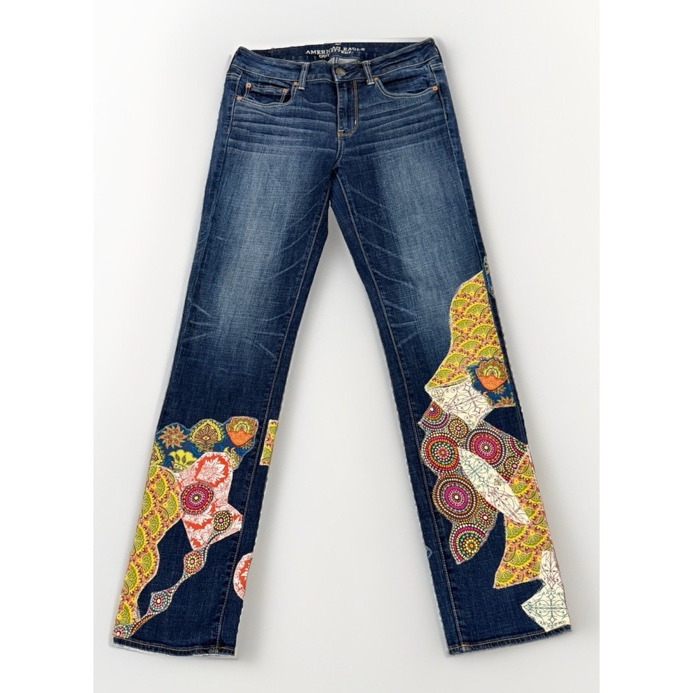 Vintage Style, American Eagle size 8 Long Colorful Patchwork, Denim Jeans Boho